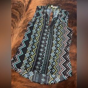 New York & Company Black Multicolor Geometric Blouse